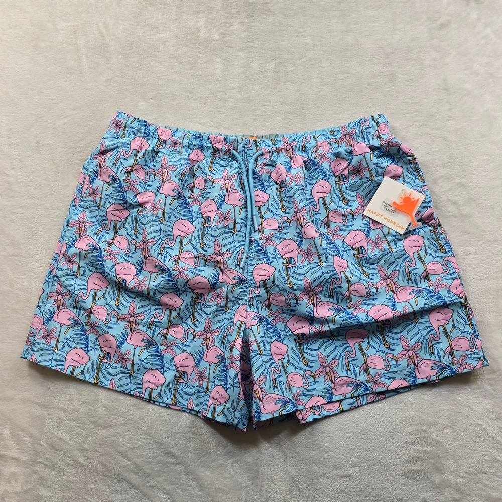 Happy Hour Swim Trunks Mens 2XL Blue Pink Flamingo Tropical Cypress NEW - Picture 2 of 7